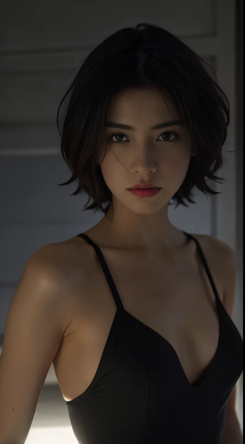 Best quality, masterpiece, ultra high res, (photorealistic:1.5), raw photo, 1girl, in the dark, deep shadow, low key, cold light, sexy look, short hair, swimsuit