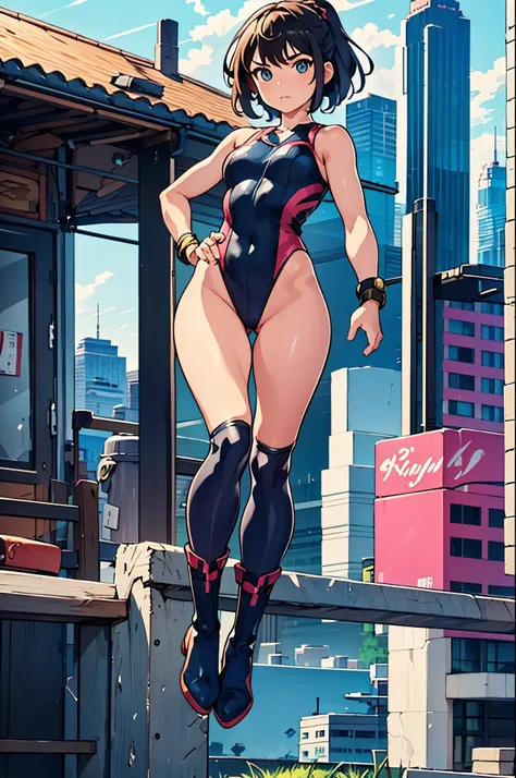 1girl, city backdrop, anime superhero, (leotard, gymnast_outfit leotard), boots, bracelets, hand on hip