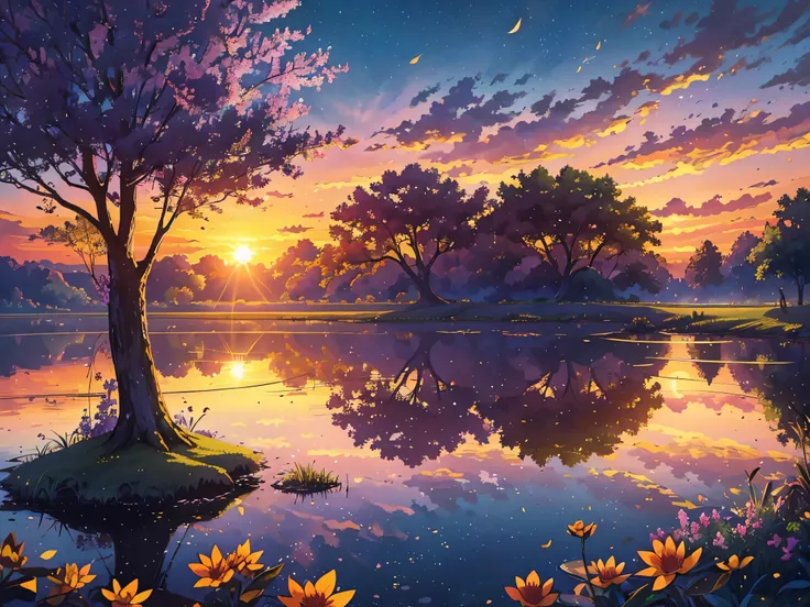 (best quality,4k,8k,height,Masterpiece:1.2),very detailed,(realistic,photorealistic,photo-realistic:1.37),sunset,illustration,oil painting,Beautifully detailed scenes,bright colors,Soft lavender sky,orange,red,yellow,lilac,purple,green,light blue,Beautiful...