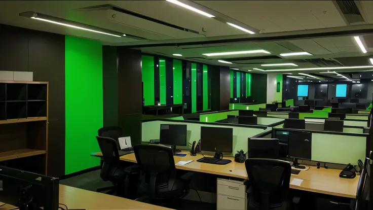 An office with green lights, profissional, elegante, varios computadores, computadores com tela branca, servidores