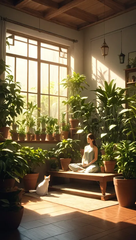 pessoa ocidental meditando cercada de gatos. the setting is the interior of a beautiful room with many potted plants. cinematic ...