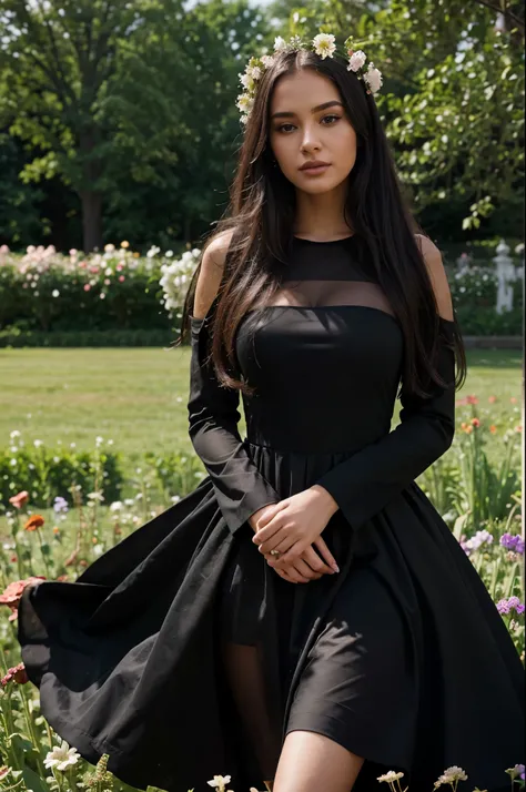 A beautiful american Onlyfans and instagram model wearing a long black dress in a flower garden. for a photoshoot