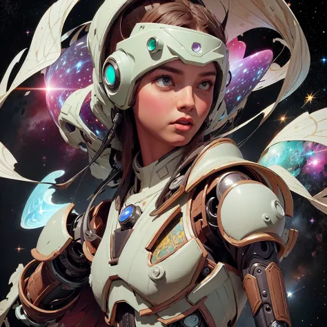 there is a screenshot of a woman in a space suit, cosmic girl, event, cosmic entity, incrinate content details, endless cosmos in the background, historical event, real event, astral background, cosmic background, cosmic goddess, cyborg goddess in cosmos, ...