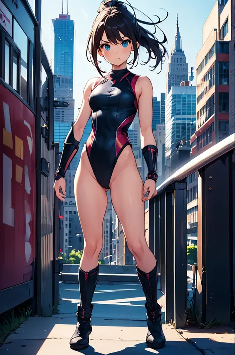 1girl, city backdrop, anime superhero, (leotard, gymnast_outfit leotard), boots, bracelets, hand on hip, medium breasts