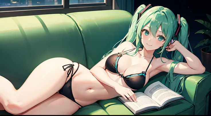 Hatsune Miku in a bikini reading on the sofa、Large Breasts、Night view、smile