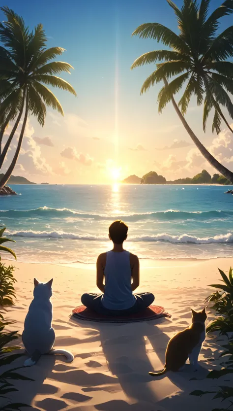 pessoa ocidental meditando cercada de gatos. the setting is a tropical island. belo landscape com praia em um dia ensolarado. ci...