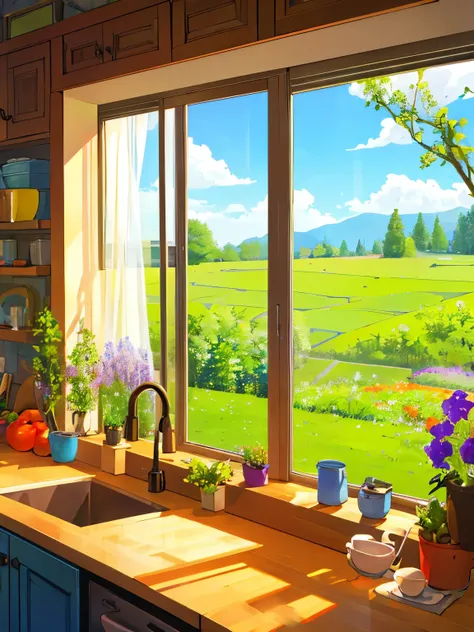 kitchen with vegetables, view of the garden of flowers and trees from the window, sparkling, bright colors ,highly detailed, hig...