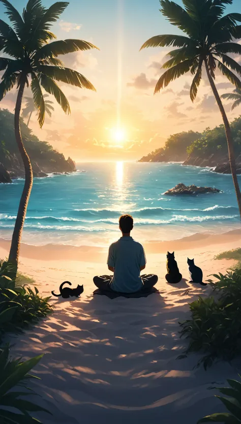 pessoa ocidental meditando cercada de gatos. the setting is a tropical island. belo landscape com praia em um dia ensolarado. ci...