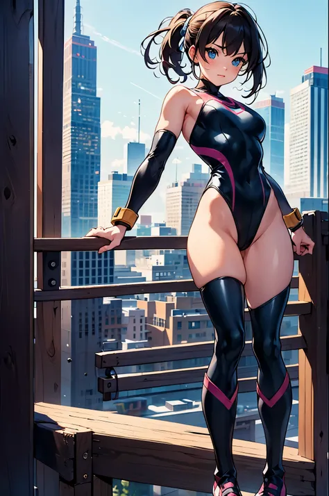 1girl, city backdrop, anime superhero, (leotard, gymnast_outfit leotard), boots, bracelets, hand on hip, medium breasts