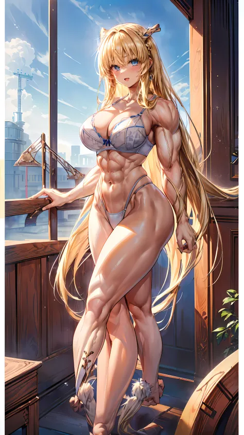 Very detailed、highest quality、Best image quality、masterpiece、8k、Anime Face、A kind smile、(Open your mouth:1.3)、Sparkling blue eyes、(Blonde semi-long hair:1.5)、(Muscles of the whole body:1.3)、(highleg:2.0)、Thigh belt、(Cowboy Shot:1.5)、(SFW Giant)、(Thick body...