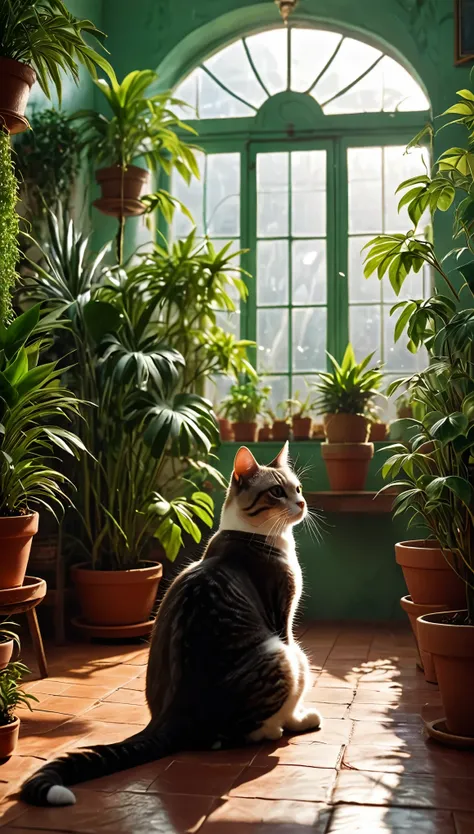 pessoa ocidental meditando cercada de gatos. the setting is the interior of a beautiful room with many potted plants. cinematic ...