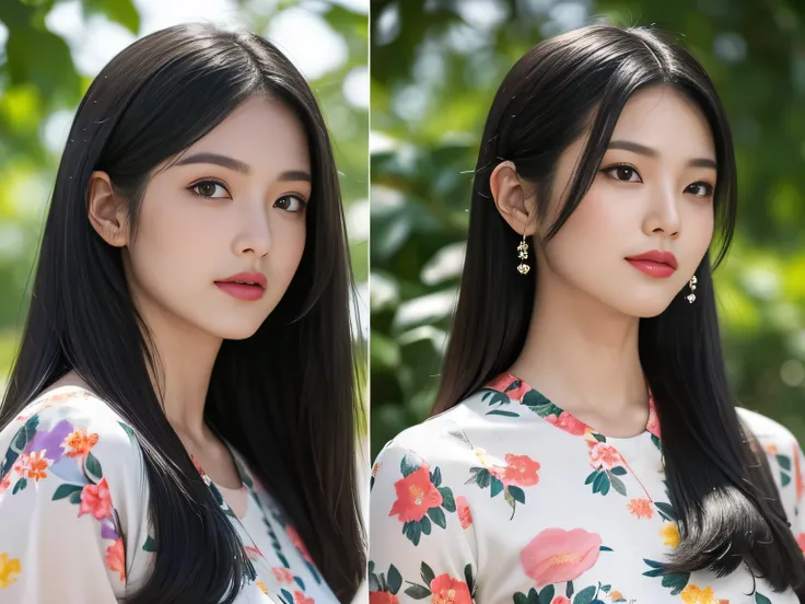 (A neck-up shot of identical twins :1.3)　(The two of them look at the audience with amusement.)　((highest quality))　((masterpiece))　(Familiar)　(Get used to it)　(The most beautiful and sensual 18-year-old hair model in Japan)　(Very shiny and voluminous, Ver...