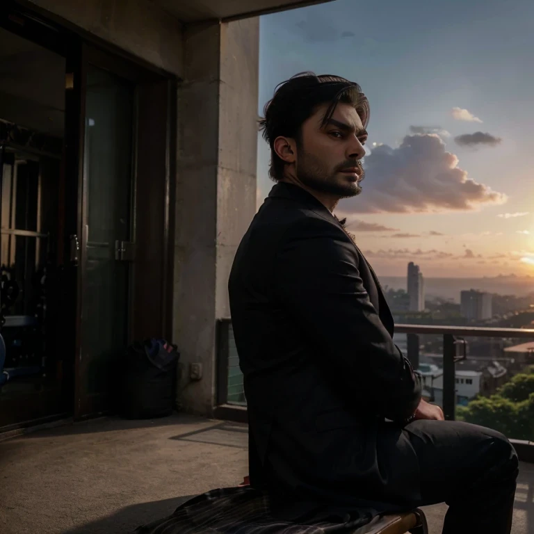 ((Male)), ((looks like fawad khan with beard)), (( black suit)), (()), ((sitting in gym)), ((watching outside)), (( candid photo)), ((sunset outside)), Beautiful view outside), (( only side face showing in photo)), (( hd quality)) (