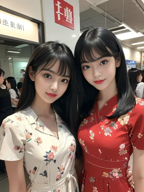 (Identical twins on knees :1.3)　(The two of them are happily posing for &quot;stand&quot;.:2.0)　(The couple look happy as they gaze at each other on a busy street in Japan..)　((highest quality))　((masterpiece))　(Familiar)　(Get used to it)　(The most beautif...