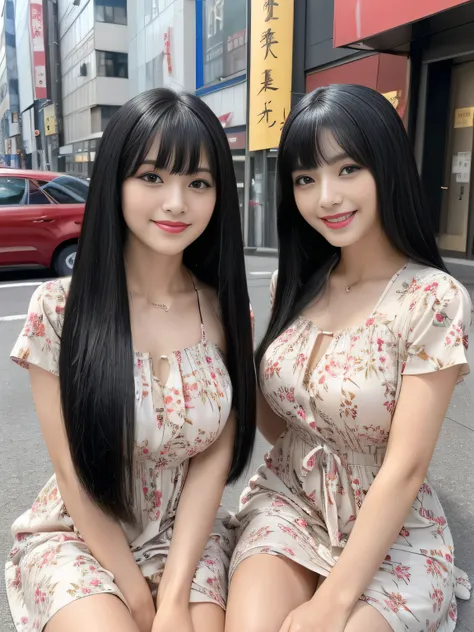 (Identical twins on knees :1.3)　(The two are posing happily.:2.0)　(The couple look happy as they gaze at each other on a busy street in Japan..)　((highest quality))　((masterpiece))　(Familiar)　(Get used to it)　(The most beautiful and sensual 18-year-old hai...