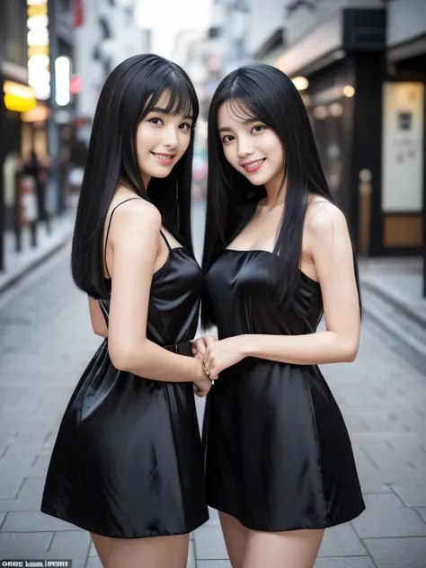 (Identical twins on knees :1.3)　(The two are posing happily.:2.0)　(The couple look happy as they gaze at each other on a busy street in Japan..)　((highest quality))　((masterpiece))　(Familiar)　(Get used to it)　(Pure white wall background:1.8. Photo of upper...