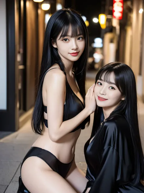 (Identical twins on knees :1.3)　(The two are posing happily.:2.0)　(The couple look happy as they gaze at each other on a busy street in Japan..)　((highest quality))　((masterpiece))　(Familiar)　(Get used to it)　(Pure white wall background:1.8. Photo of upper...