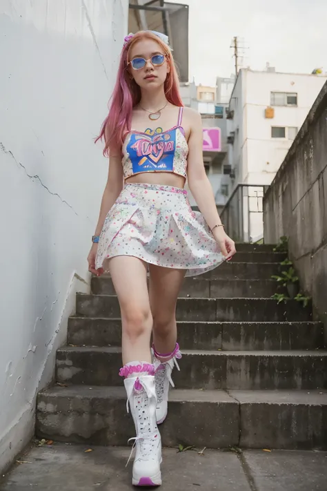 14 y.o. ginger girl,very pale skin full of freckles, glasses, in fucsia dress and white boots walking up steps, a photo inspired...