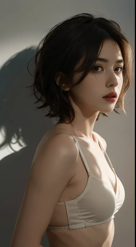 Best quality, masterpiece, ultra high res, (photorealistic:1.5), raw photo, 1girl,, in the dark, deep shadow, low key, cold light, sexy look, short hair, smooth , sexy , leaf shadow, seamless bra