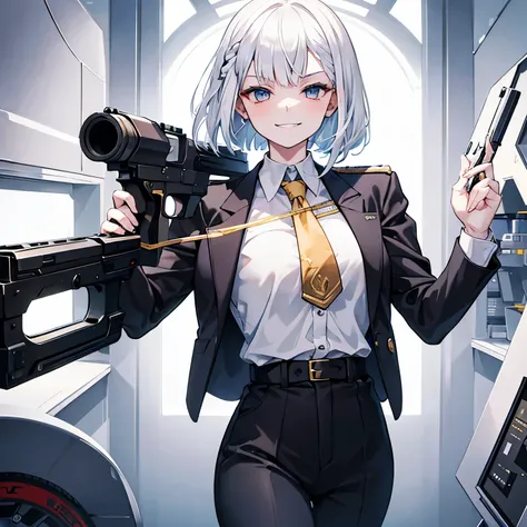 A young lady with white hair and bangs in a suit holding a pistol close up smirk 