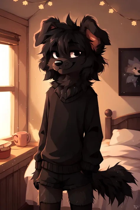 ((by reysi)), Best quality, super detailed illustration, warm colors, Ideal lighting, (Fluffy boy dog:1.6), (Black fur:1.5), disheveled thick hair, short shorts, long black stockings, black long sleeve sweater, in a cosy room, smug smile, tricky glance ,...