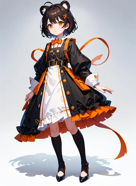 White Background、(whole body)、Look forward、One Girl、alone、Place your arms at your sides、short hair、Red-orange eyes、Long eyelashes、Wide eyes、Girl waiting for bear ears、Dark Brown Hair、Short Hair、Ahoge、Hair between the eyes、Red orange ribbon、suspenders、Black...