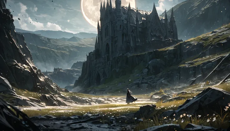  open field on the top of the hill, rare grass and pale flowers, ground covered in ashes, knight in full armount and girl in long beautiful dress, beautiful black moon on the background, rocky landscape, swords inside of the ground, tragic atmosphere, dark...