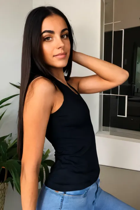 instragramm picture of a beutiful spanish young girl named Lola, dark eyes, long dark straight hair, jeane, ahite tank top, fancy pose
