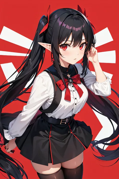 in anime style, an adult woman with an elfin expression of repulsion with long black pigtail hair, with a red blouse with a white cross pattern and a black skirt, black tights like Rin Tohaska from Destiny Unlimited Blade Works