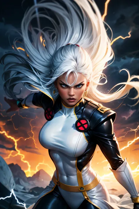 best quality,highres,ultra-detailed,realistic:1.37,professional, black skin, dynamic,action shot,storm character art,storm from the X-Men,storm conjuring lightning,storm with flowing white hair,storm with intense gaze,storm in a powerful pose,strong facial...