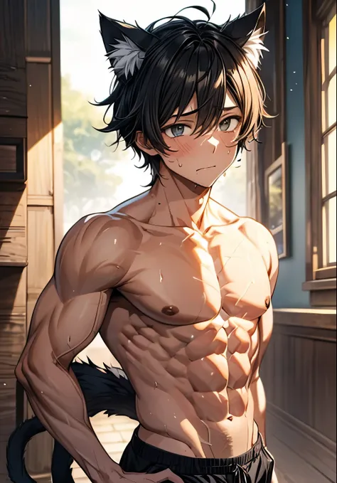 young boy, cat ear, chiseled abs, chiseled pecs, sweating, (12 yo)