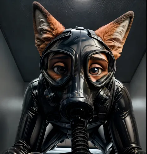 photograph, realistic, 4k, solo, furry, nick wilde, black rubber, dark medical examination room, (latex suit), looking at viewer...