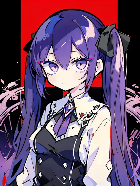 A short dark purple hair girl with long twintail hair. She is a half vampire. She have red eye. She wear boyish looking cloth tat make him look like a prince. 