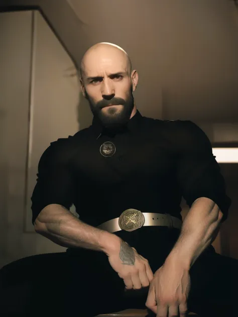 tall bald handsome man with beard, daddy, dark tattoos, lean fit body, black shirt, 30yo, dynamic lighting, lean body, black but...