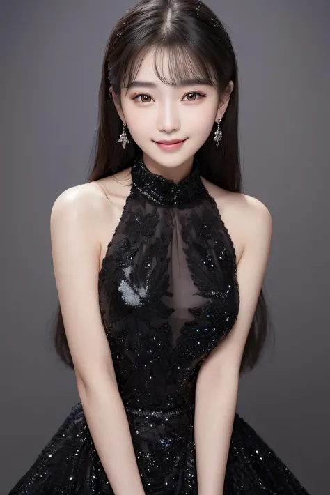 Korean Girls, 18-year-old, A stunning face, Wearing a bright black gown, A half-body shot for elegance, Taken with high resolution photos. Gray blurred background, Enhances image resolution and fine details. The girl smiles gently, Her eyes sparkle like st...