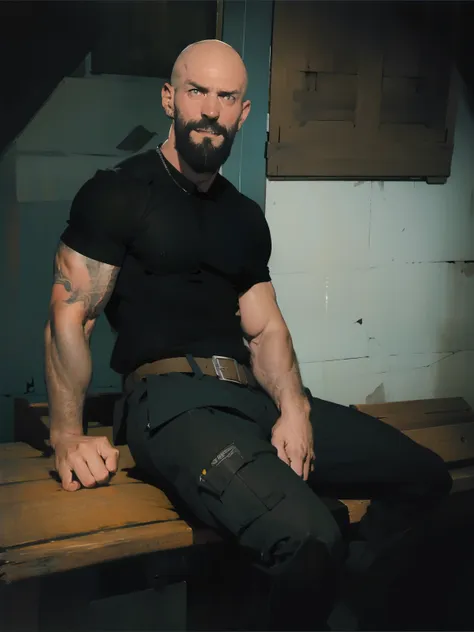 tall bald handsome man with beard, daddy, dark tattoos, lean fit body, black shirt, 30yo, dynamic lighting, lean body, black bel...