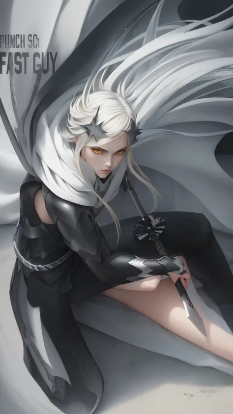 A person sitting and holding a sword, wearing black and silver armor and a white cape. The person has yellow hair with black star hair clips. The art style should be inspired by anime.