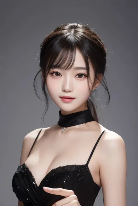 Korean Girls, 18-year-old, A stunning face, Wearing a bright black gown, Half-body shot for an elegant look, Taken with high resolution photos. Gray blurry background, Improve image resolution and detail. The girl smiles gently, Her eyes shine like stardus...