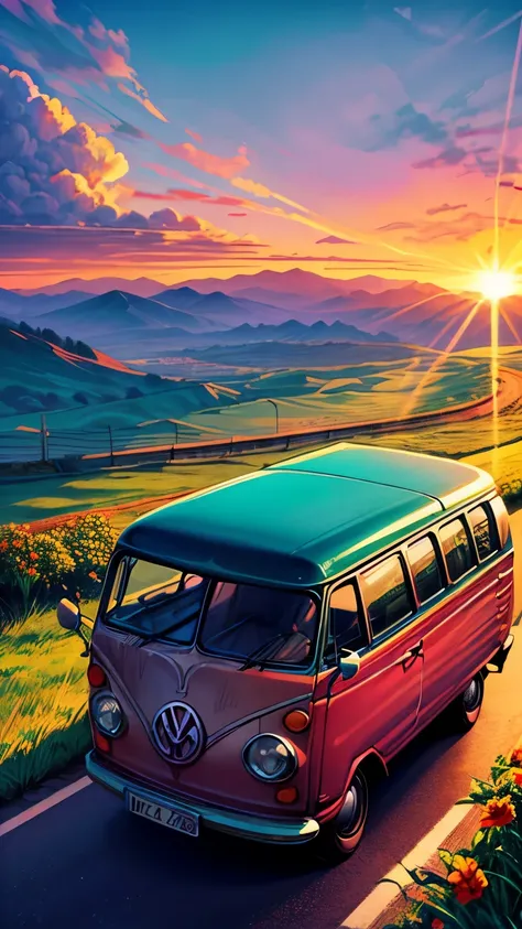 picture a classic vw kombi cruising down a perfectly straight highway towards a stunning horizon. the van’s retro design and pol...