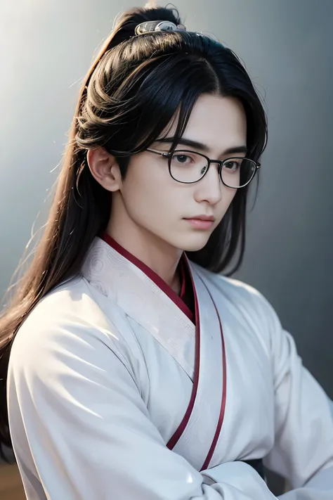 a 20 years-old young man, handsome, cute, ((wearing hanfu clothes)), chinese traditional cloth, round glasses,  (tiring face expression) , long hair, (cold eyes sight),(bright eyes ),gradient eyes, (real and anime style), cinematic lighting, depth of field...