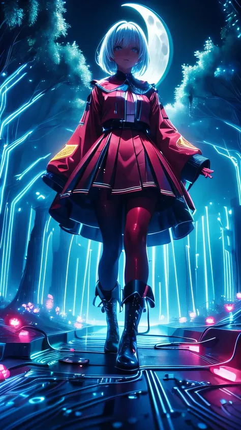 (Neon lights)，circuit boards, skin girl, red clothes, long-sleeves puffy shirt, tulle skirt, white boots, forest at night, moonlight, giant moon, darkness, view from below, (UHD, masterpiece, ccurate, anatomically correct, textured skin, super detail, high...