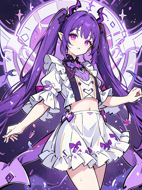 Idol girl dancing and singing. Prince looki ng outfit like furina from genshin but hav e purple theme. Dark twintail purple hair. Dark bloody red eye. A vampire that bein g an idol. Cute