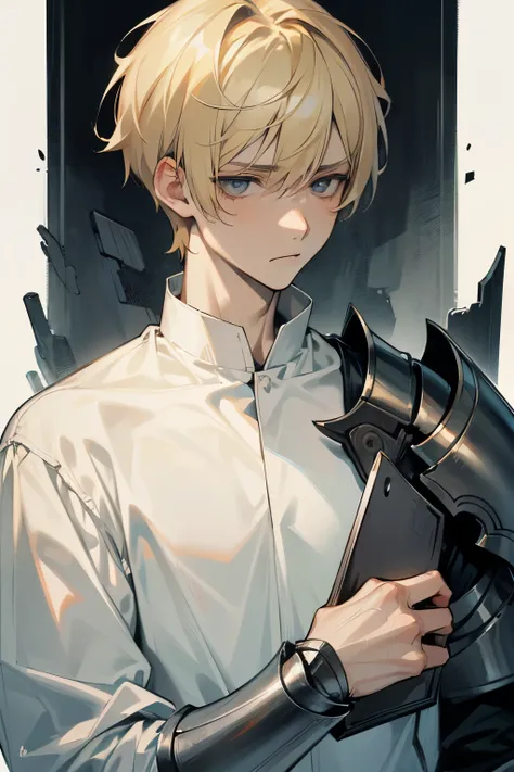 one 20 years male man, strong, blonde short hair, slightly pale skin, gray eyes, ((sad look)), simple white shirt with pieces of armor