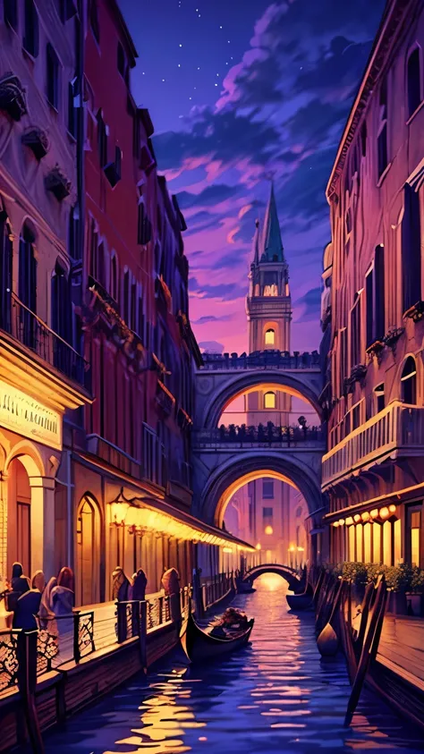 (Better lighting, melhor sombra, obra de arte, alta qualidade), Envision the enchanting city of Venice, Italy, bathed in the soft, romantic glow of evening. As night falls, the labyrinth of canals weaves a shimmering tapestry through the historic architect...