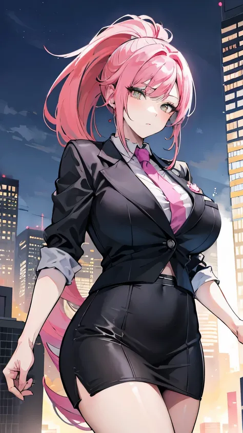 pink-haired girl, yellow eyes, ponytail, professional businesswoman, black shortsleeve shirt, professional attire, detailed facial features, confident expression, a bustling city backdrop, natural lighting, high-resolution artwork, realistic style, vibrant...