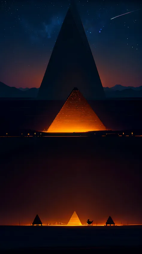 (Better lighting, melhor sombra, obra de arte, alta qualidade), Imagine the magnificent pyramids of Egypt under the starlit sky, their colossal forms bathed in the soft, ethereal glow of strategically placed lights. The Great Pyramid of Giza stands proudly...