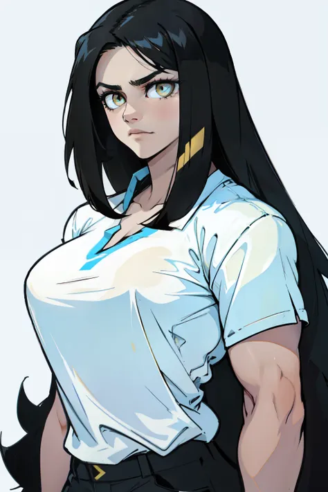 huge muscles girl huge breasts toned body black hair yellow eyes pale skin eyes tight shirt expressionless sad straight hair str...