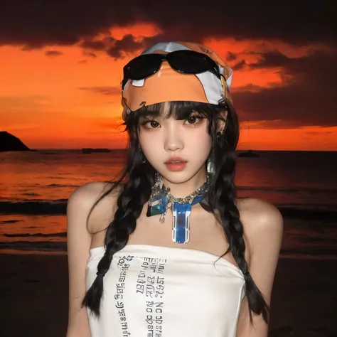 arafed woman with a white dress and a hat on a beach, she looks like a mix of grimes, with sunset, grimes, e - girl, e-girl, looks like a mix of grimes, resembling a mix of grimes, taejune kim, wearing a bandana and chain, , sun set, asuka as a surfer mode...