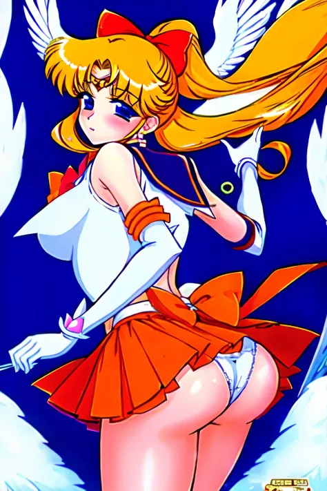 1girl,aino minako,ass,back bow,blonde hair,blue eyes,blue sailor collar,bow,choker,content rating,cover,cover page,doujin cover,earrings,elbow gloves,feathers,gloves,hair bow,half updo,jewelry,logo,long hair,looking back,magical girl,mars symbol,orange cho...