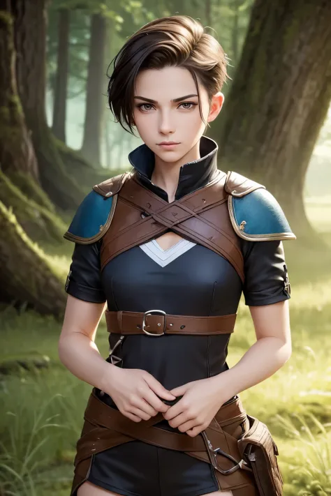 A soft woman with an undercut in a fantasy setting. An adventurer and a ranger. Very androgynous looking. Soft. Sympathic. Kind. Tomboyish. Androgynous. Slim body. Very . Very small breasts. Wide hips. Thick legs. Face: Extremly pale skin with liverspots a...